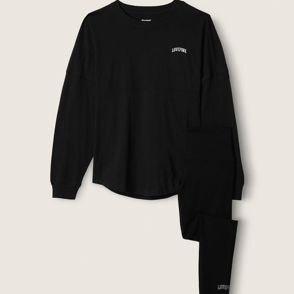 VICTORIA SECRET PINK BLACK VARSITY LONG SLEEVE CREW TEE & LEGGING GIFT SET - Picture 3 of 5